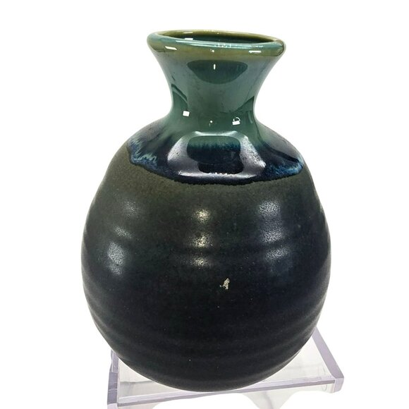 Japanese Ceramic Vase Sake Jar Calligraphy Black & Green Handcrafted Decor JE332 - Picture 4 of 8